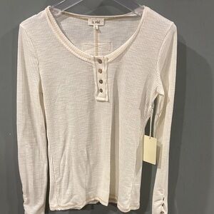 La Miel Fitted Ribbed Henley Cream Long Sleeve Top with Button Detail NWT